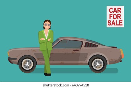 Illustration Of A Sneaky Looking Tough Gangster Man In A Green Costume Selling Used Dirty And Broken Car On Car Sale Market, Lean Against Car Waiting For Client..