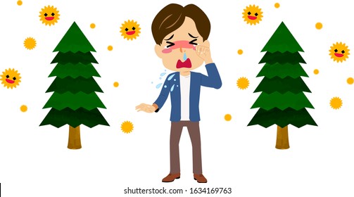 Illustration of a sneezing man because of a pollen allergy