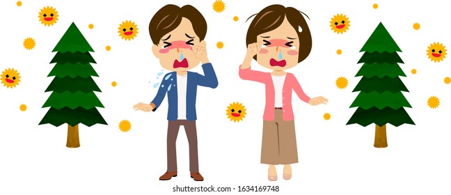 Illustration of a sneezing man and woman because of a pollen allergy