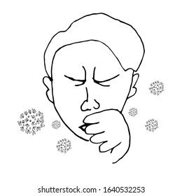 Illustration of a sneezing person. Bacteria and microbes fly around. Infection. Wuhan coronavirus 2019-ncov. SARS pandemic risk alert. Doodle style. SARS-CoV-2. Vector.