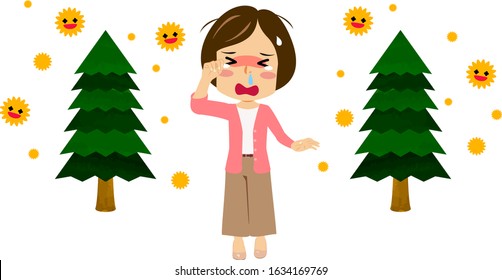 Illustration of a sneezing woman because of a pollen allergy