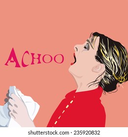 an illustration of a sneezing woman, while holding a  handkerchief in her hands. With text.