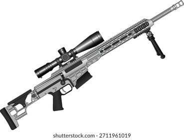 Abbildung eines Scharfschützengewehres mit einer Bereichsseitenansichtsdarstellung. Langer ballistischer Riffelvektor. 
