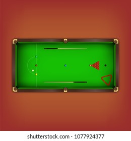 Illustration of snooker table with balls in starting position, two cues and triangle.