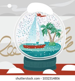 Illustration of a snow ball with a small yacht inside against the background of the winter landscape