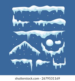Illustration von Schneekappen und Eiszapfen in verschiedenen Formen und Stilen auf blauem Hintergrund, perfekt für Winter-, Weihnachts- oder Spieledesign-Elemente