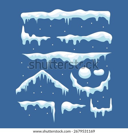 illustration of snow caps and icicles in different shapes and styles on a blue background, perfect for winter, Christmas, or game design elements