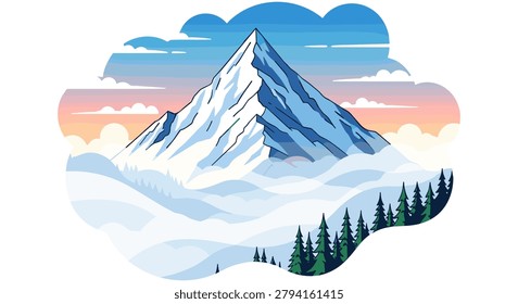Illustration of a snow covered mountain peak at sunset with pine forest mountain landscape illustration adventure climbing outdoors
