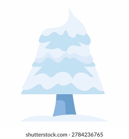 Illustration of a snow covered pine tree in a winter landscape with frosty weather conditions and a serene natural environment