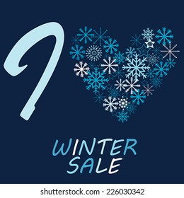 Illustration with snow flake and message I love winter sale