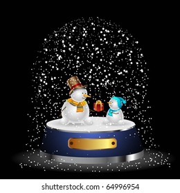 Illustration snow globe with a christmas tree and snowman within. Vector.