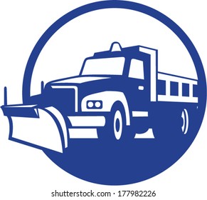 Illustration of a snow plow truck set inside circle on isolated background done in retro style.