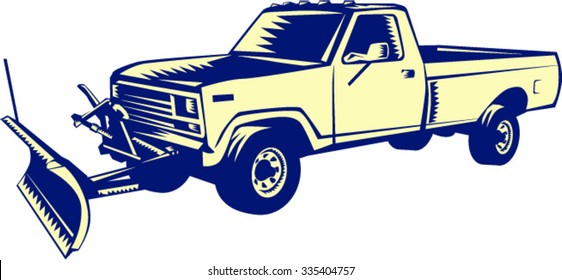 Illustration Of A Snow Plow Truck Set On Isolated White Background Done In Retro Woodcut Style. 