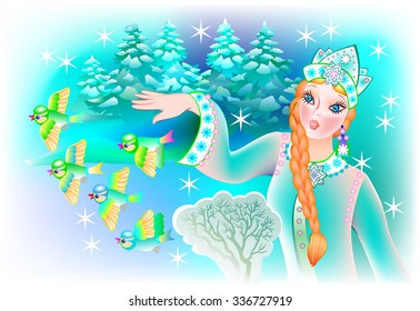 Illustration of Snow queen with birds, vector cartoon image.