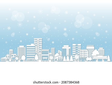 Illustration of snow scene of cityscape.