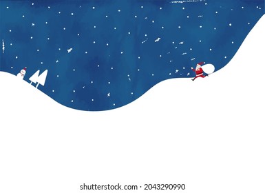 It is an illustration of a snow scene at night (running Santa Claus and a snowman).Easy-to-use vector material.