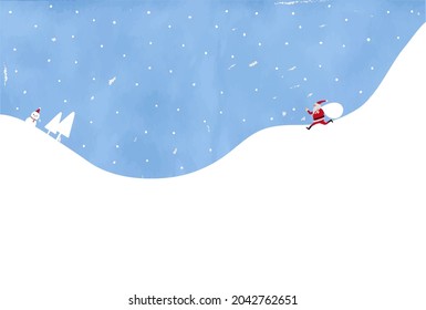 It is an illustration of a snow scene (running Santa Claus and a snowman).Easy-to-use vector material.