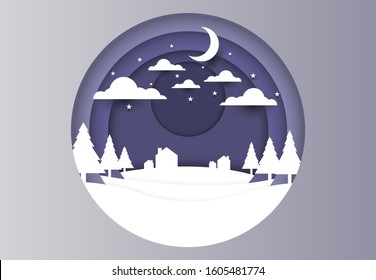 Illustration of Snow town tourist season,paper art and digital craft style.