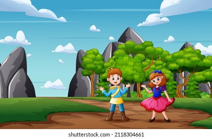 Illustration of snow white and prince walking in nature