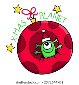 Illustration of a snowball that looks like a planet from which a Martian with a Santa Claus hat emerges from a crater and says Merry Christmas, print design
