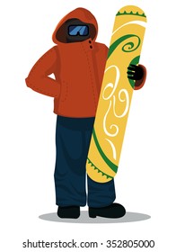 illustration of a snowboarder with the bright snowboard in his hand, holding other hand in the pocket, wearing warm clothes and special glasses