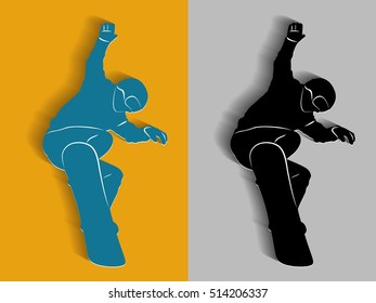 illustration of a snowboarder jumping . black and color drawing, simple background