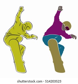 illustration of a snowboarder jumping . color drawing, white background