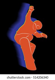 illustration of a snowboarder jumping . color drawing, black background