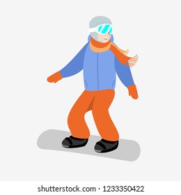 Illustration of a snowboarder on a white background. Snowboarder in a blue jacket and orange pants.