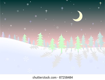 Illustration of a snow-covered glade of wood. Night. Moon. Stars. Vector.