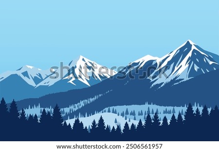 Illustration of a snow-covered mountain range with pine trees in the foreground, under a clear blue sky