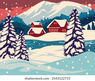 Illustration Snow-covered scenery, cozy cottages, and beautiful ice skating rinks.