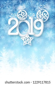 Illustration of snowfall and forest, background for christmas and new year greeting cards, and invitations, and winter holiday season. EPS 10 contains transparency.