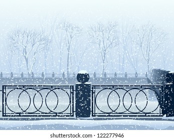 Illustration of snowfall in park with the river canal and bridge, fence.