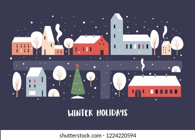 Illustration of snowfall in the winter evening city. Map of the snow-covered city with cozy cute houses, trees and Christmas trees. Happy winter holidays. Vector colorful image.
