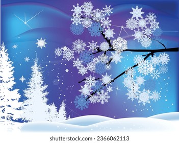 illustration with snowflack pine branch on blue background