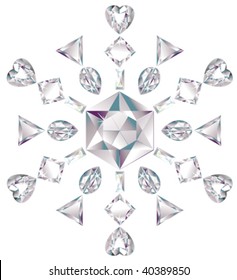 Illustration of snowflake made from different cut diamonds isolated on white