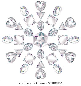 Illustration of snowflake made from different cut diamonds isolated on white