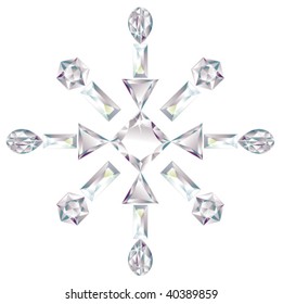 Illustration of snowflake made from different cut diamonds isolated on white