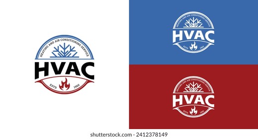 An illustration of snowflake and red fire flame in isolated blue and red ellipse shape applied for Heating and Air Conditioning Service and Installation Company Logo Design inspiration