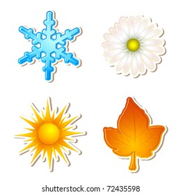 illustration of snowflake,daisy,sun and maple leaf showing four season