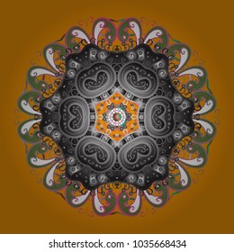 Illustration. Snowflakes, snowfall. Beautiful vector yellow, gray and green snowflakes isolated on a colorful background. Falling Christmas stylized snowflakes.