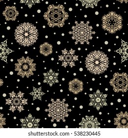 Illustration. Snowflakes, snowfall. Beautiful vector beige snowflakes isolated on a black background. Falling Christmas stylized snowflakes.