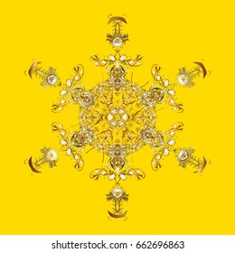 Illustration. Snowflakes, snowfall. Beautiful vector golden snowflakes isolated on yellow background. Falling Christmas stylized gold snowflakes.