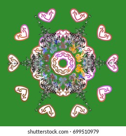 Illustration. Snowflakes, snowfall. Beautiful vector snowflakes isolated on a colorful background. Falling Christmas stylized snowflakes.