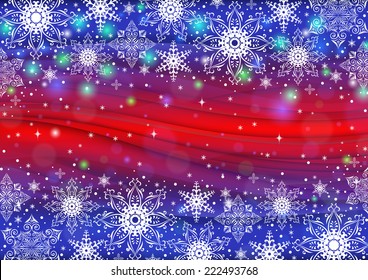 Illustration of snowflakes in various styles on blue and red background  