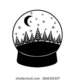 Illustration snowglobe isolated in white. Santa claus with snowman and deer. Christmas silhouette design. Christmas tree and snowflake. New Year gifts