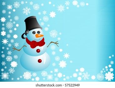 Illustration the Snowman of blue color with red bow