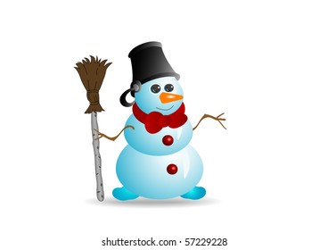 Illustration the Snowman of blue colour with red bow