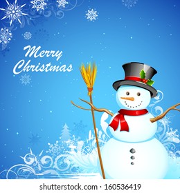 illustration of Snowman with broom in Christmas Snowflakes Background